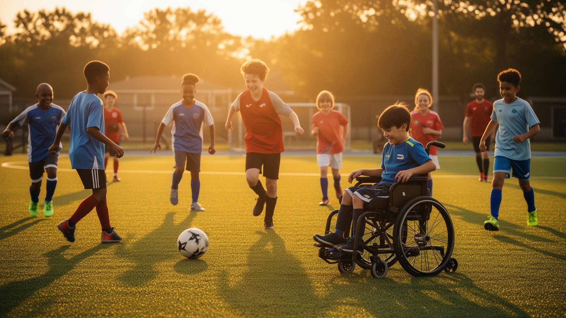 Adaptive soccer athletes of all abilities playing on a sunlit field